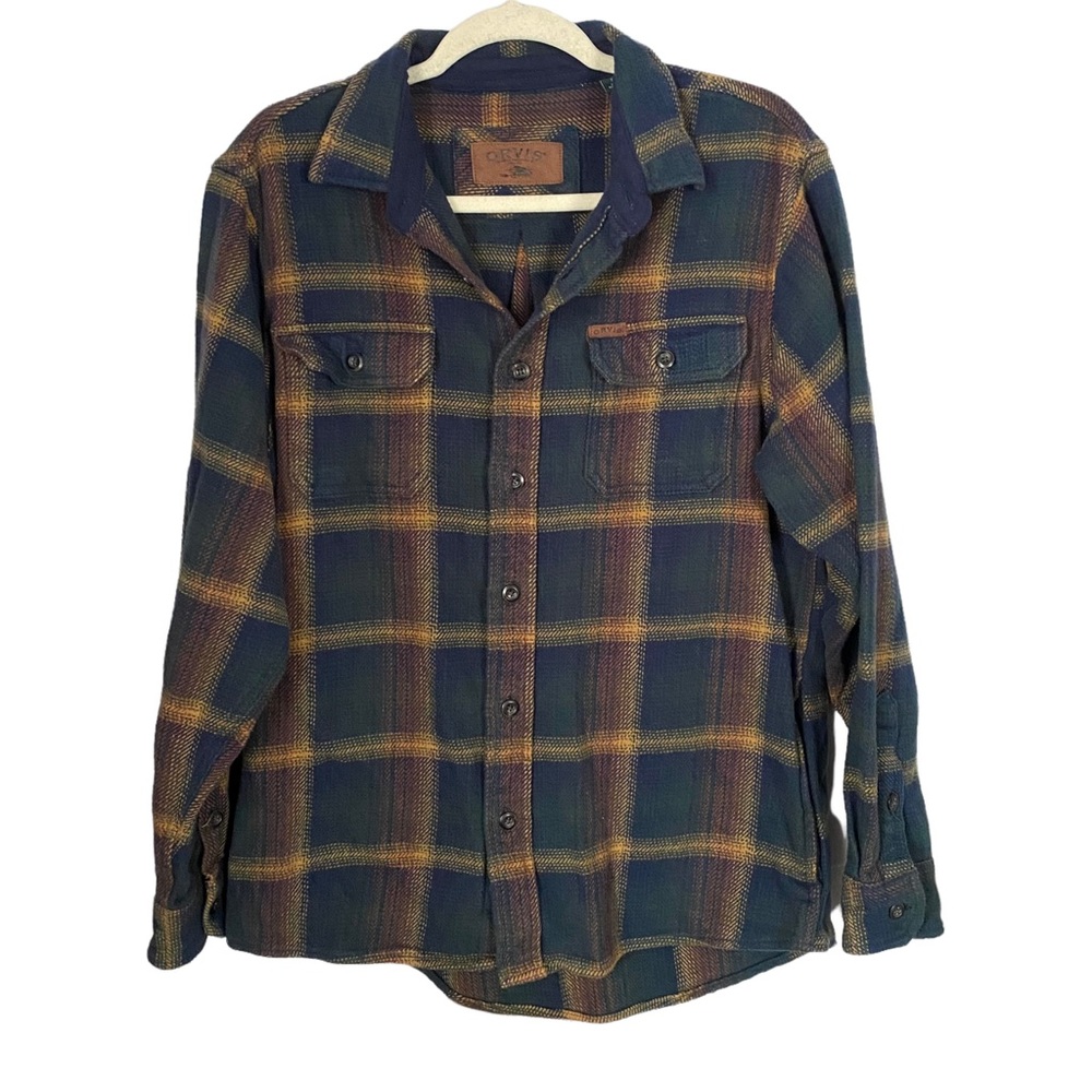 Orvis Big Bear Sz M Yellow Blue Button Down Long Sleeve Shacket Jacket Flannel